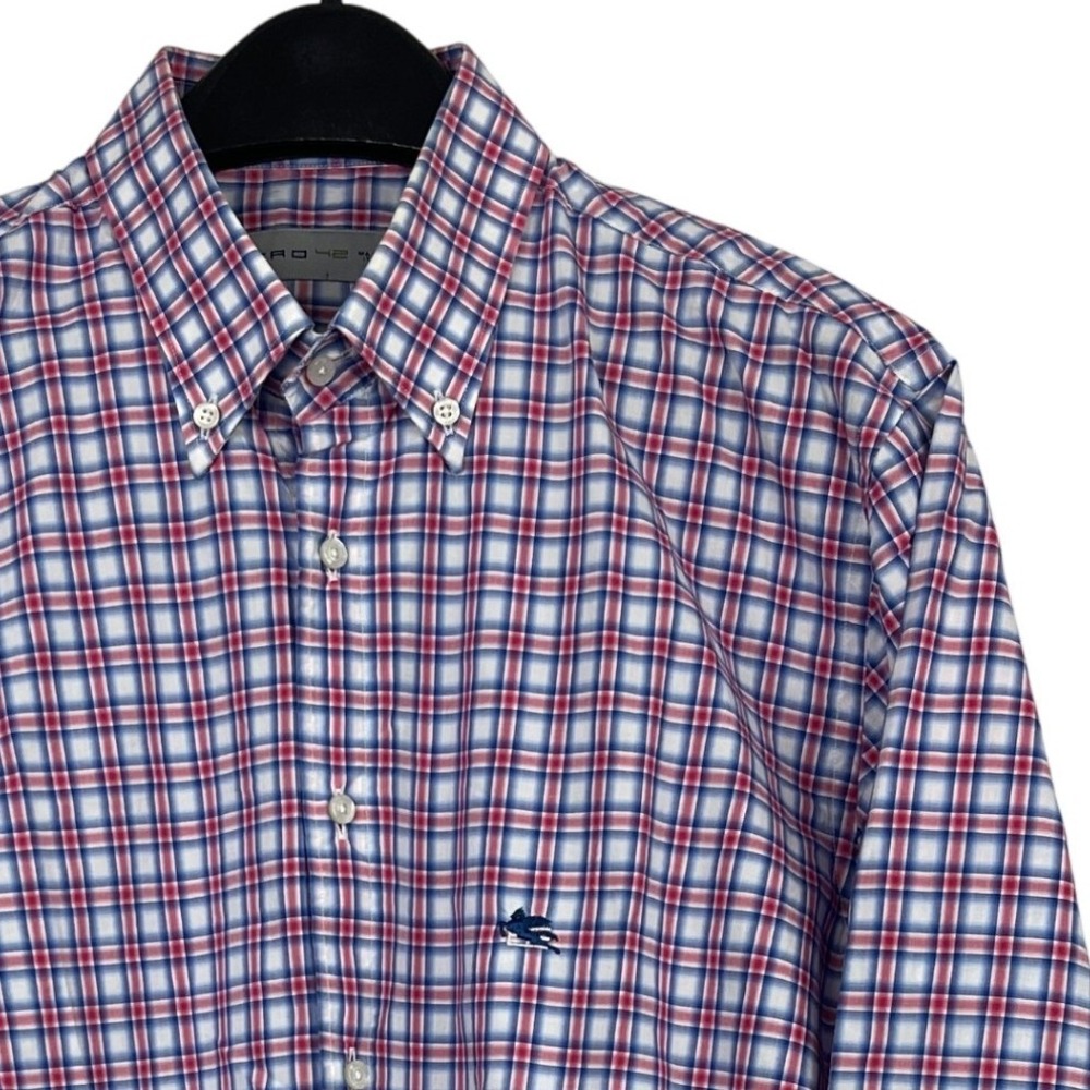 ETRO Button Down Shirt Mens 42 (L) Cotton Red Blue Plaid Italian Long Sleeve